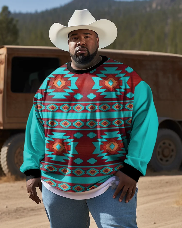 Men's Plus Size Western Ethnic Style Diamond Color Block Long Sleeve Sweatshirt