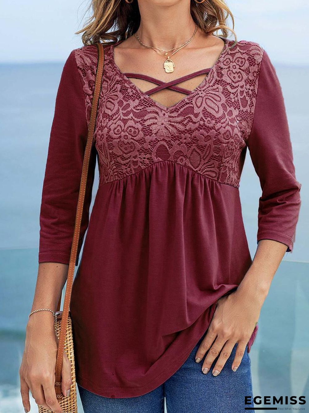 Casual Lace Cross-belt Three-quarter Sleeve T-shirt | EGEMISS