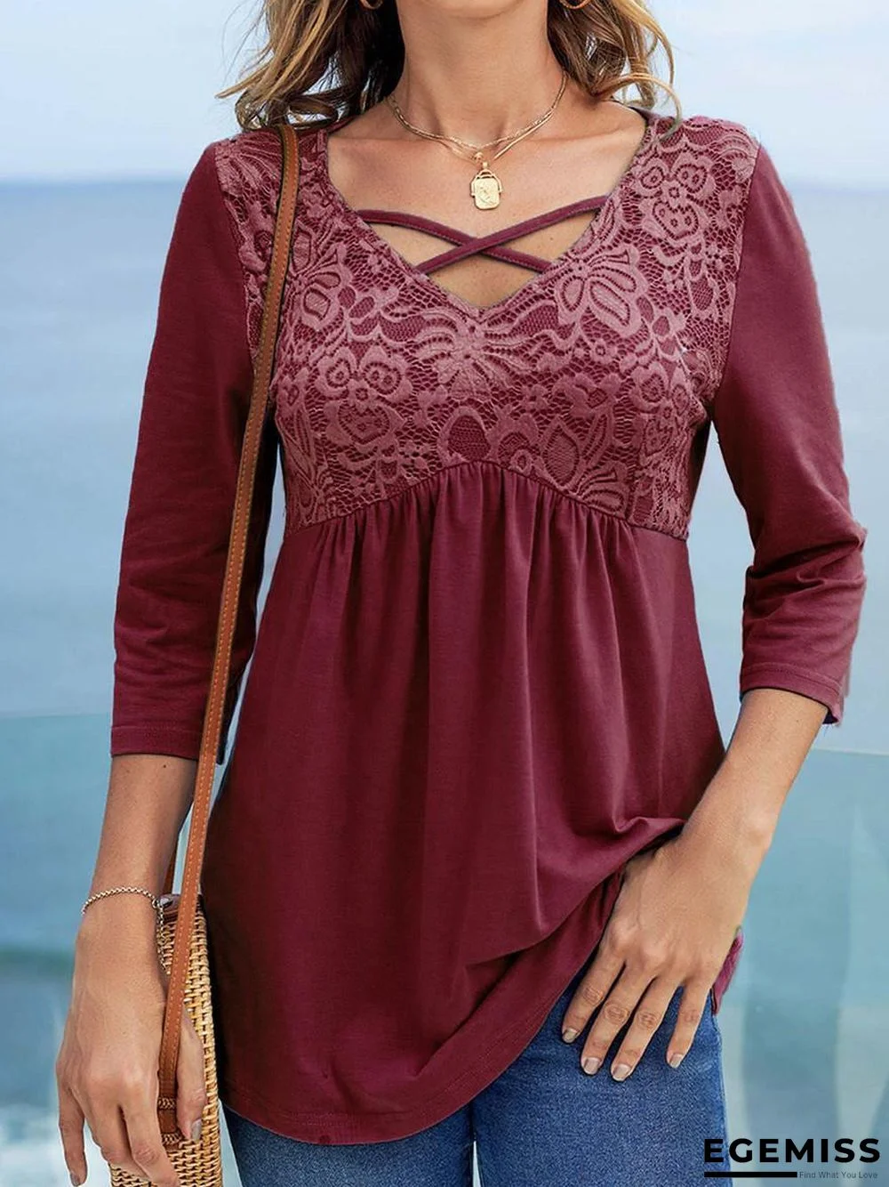 Casual Lace Cross-belt Three-quarter Sleeve T-shirt | EGEMISS