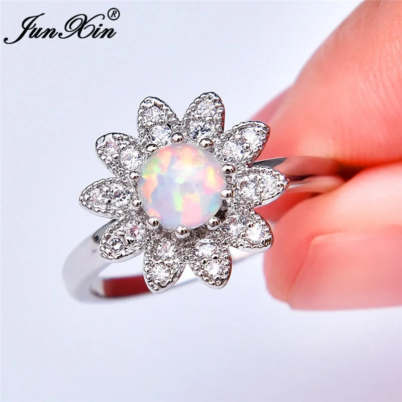 Boho Female Sunflower CZ Stone Ring White Fire Opal Rings For Women Silver Color Love Engagement Ring Wedding Bands