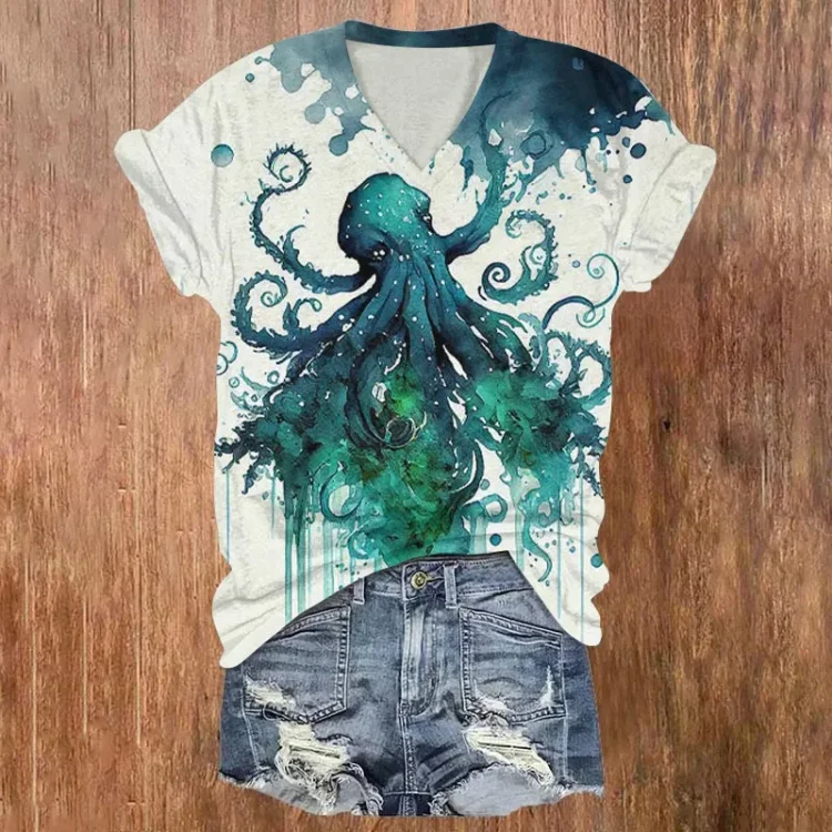 Retro Watercolor Mutated Octopus Print V-Neck T-Shirt