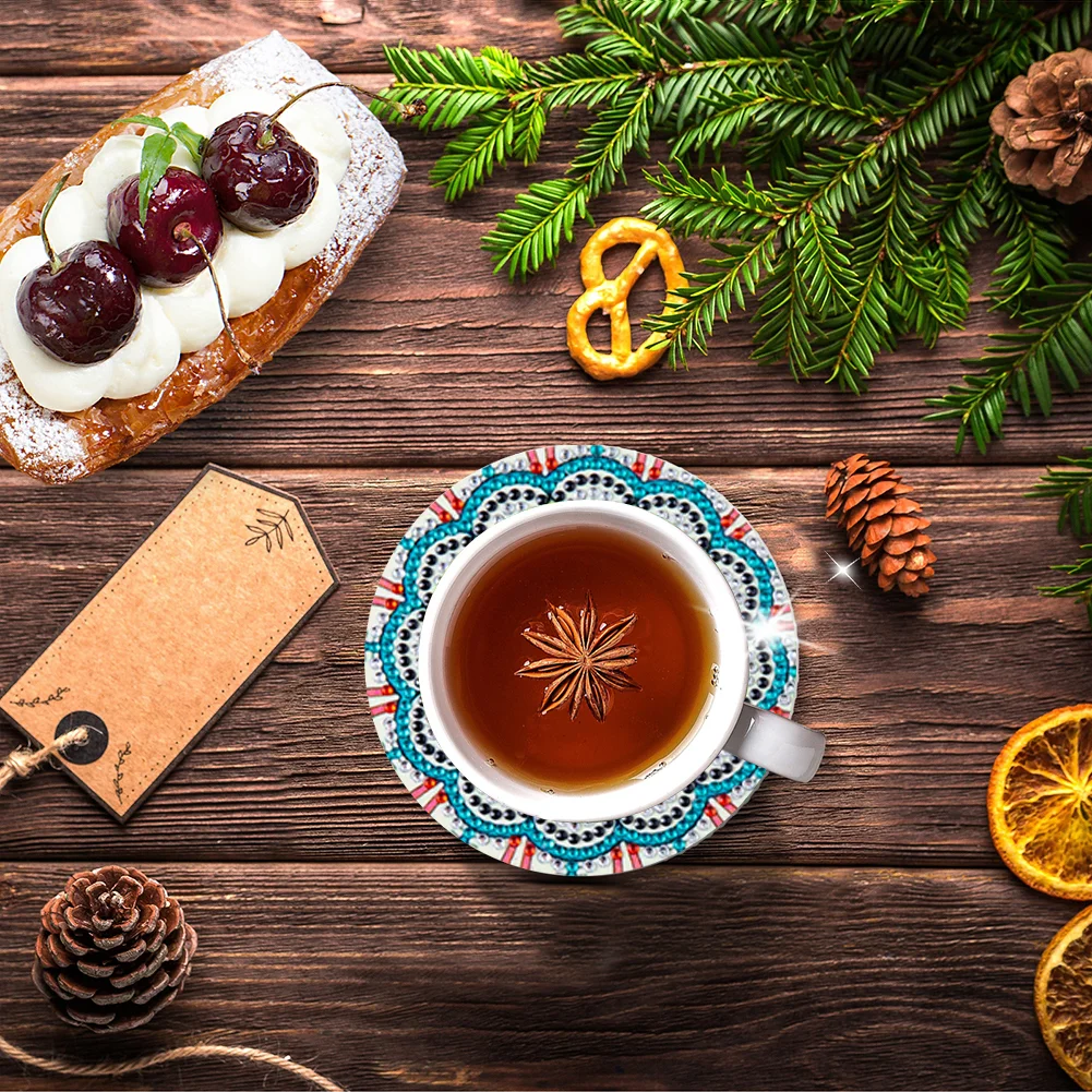 6pcs DIY Diamonds Painting Coaster Datura Wooden Cup Mat with Rack Home Decor