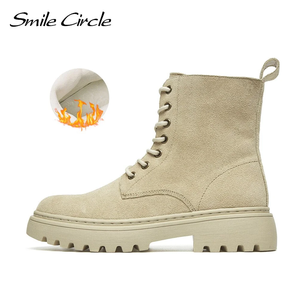 Smile Circle Ankle Boots Women Cow suede Platform Boots Fashion Plus Velvet Warm Comfortable Ladies Short Booties femme