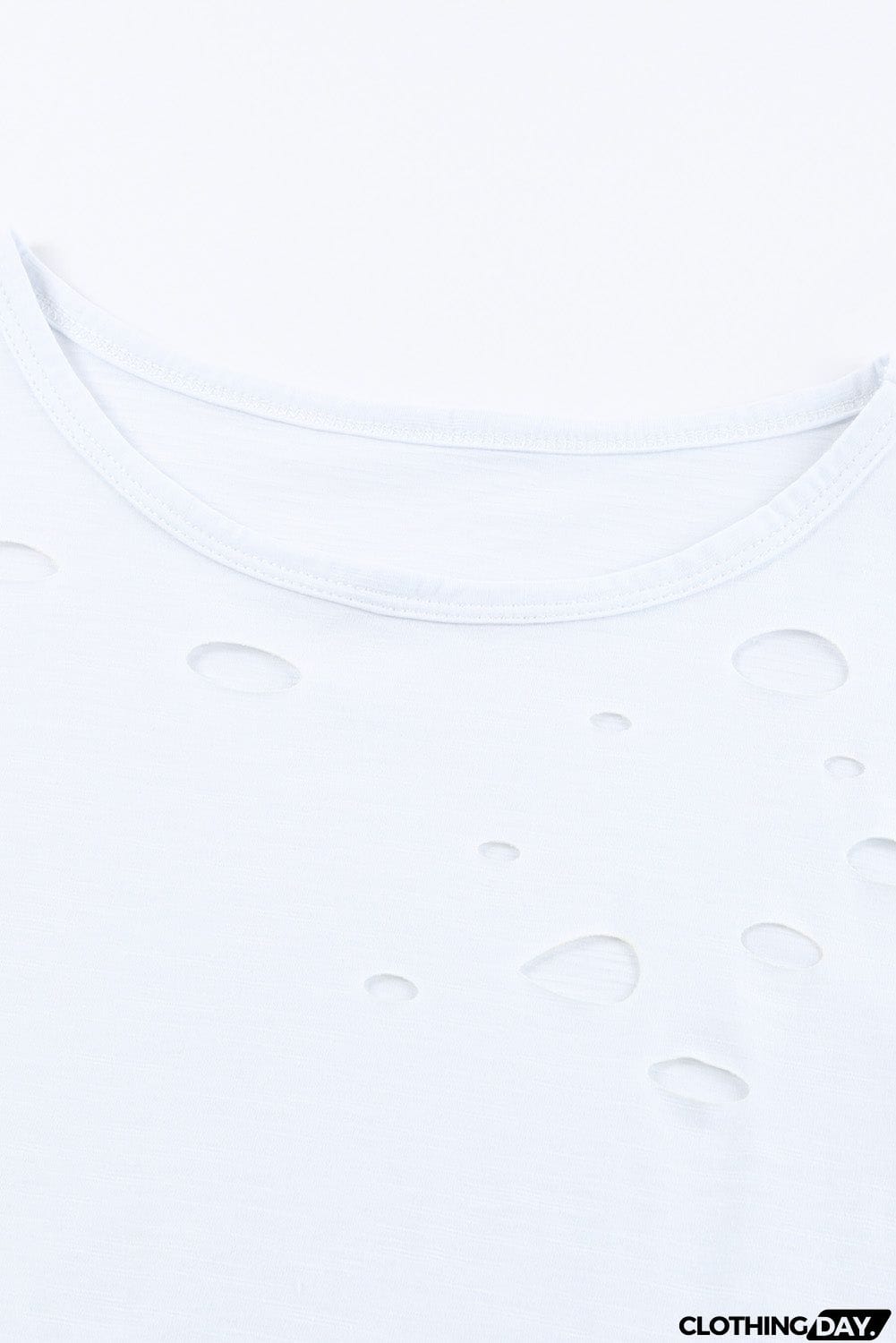 Whitec Holes Crew Neck Cotton Mixed Casual Short Sleeve T-shirt