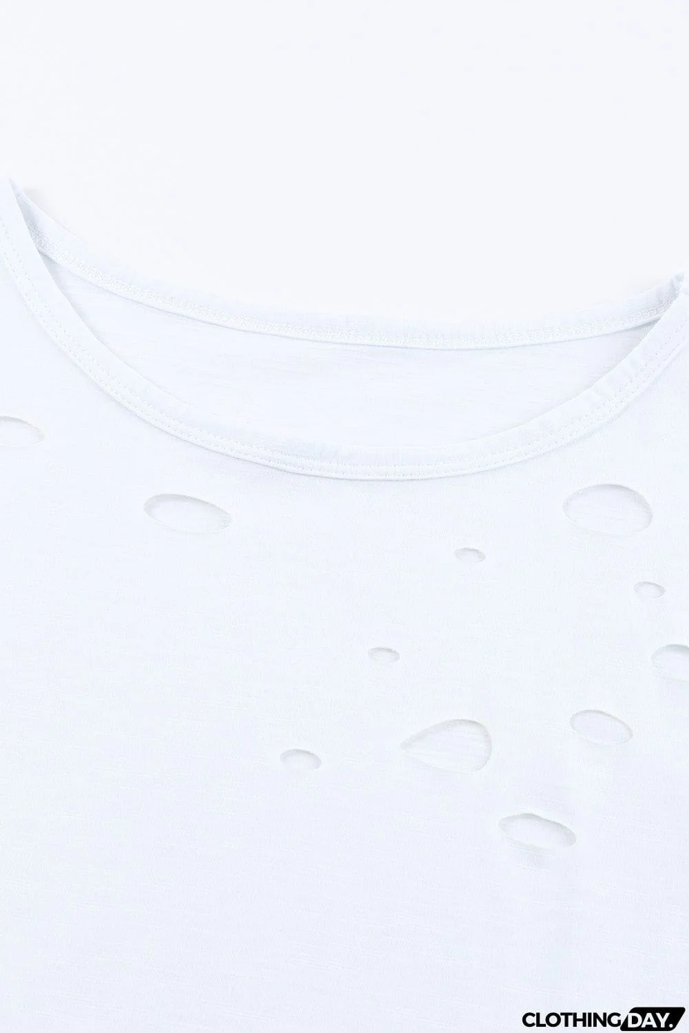 Whitec Holes Crew Neck Cotton Mixed Casual Short Sleeve T-shirt