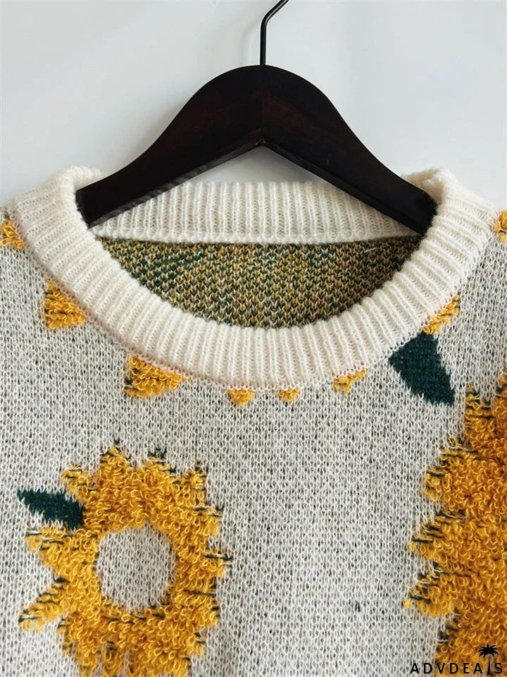 Female Sunflower Crew Neck Pullover Knit Sweater