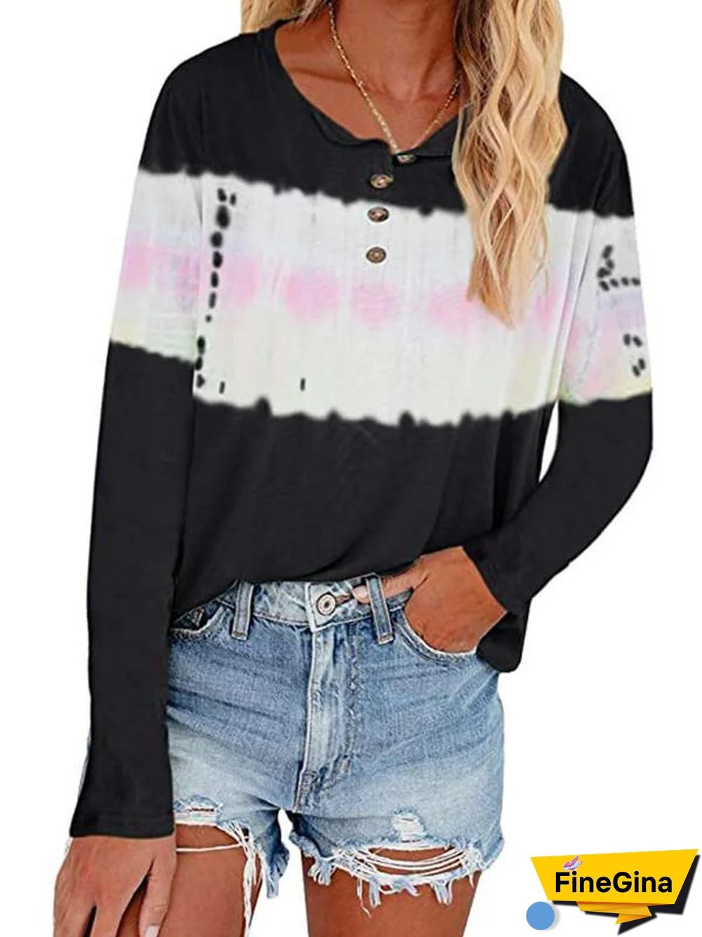 Women Long Sleeve Scoop Neck Polka Dot Graphic Stitching Top