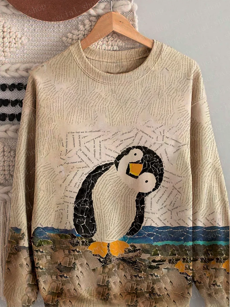 Women's Newspaper Collage Question Penguin Casual Sweatshirt socialshop