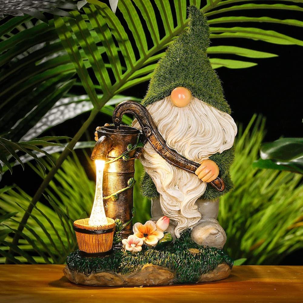Solar Light Flocked Garden Press Water Gnome