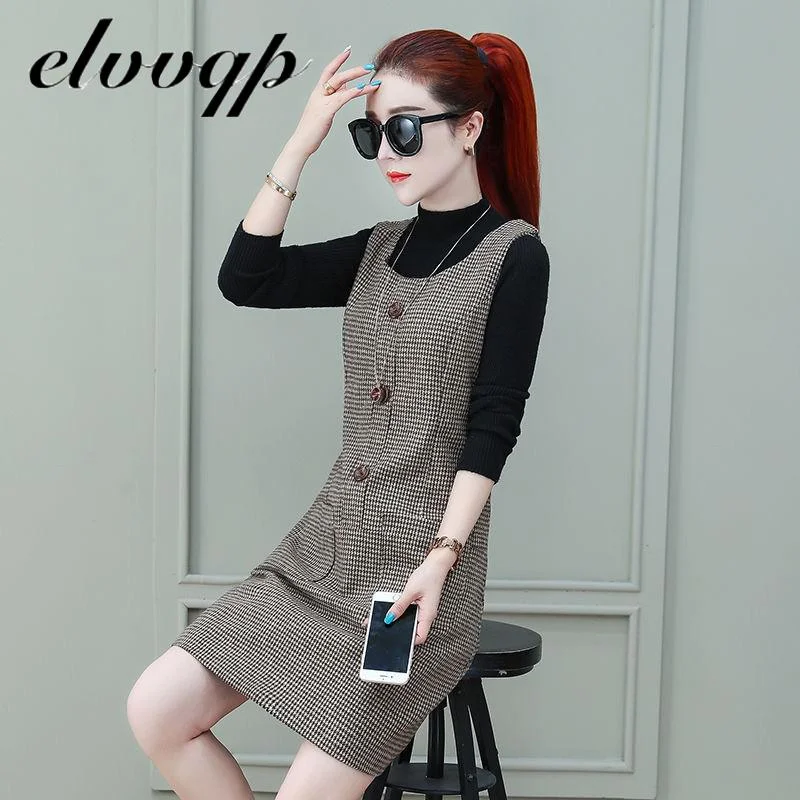 Elegant Sleeveless Woolen Blended Vest Dress High Quality Fashion Pocket New Autumn Winter Office Work Slim Plaid Midi Dresses