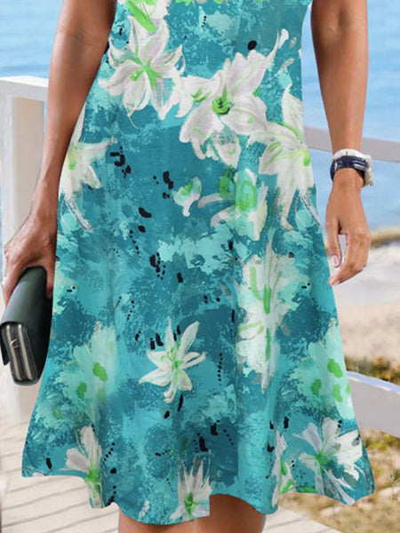 Women's Floral Printed Lace Short Sleeve V-neck Dress