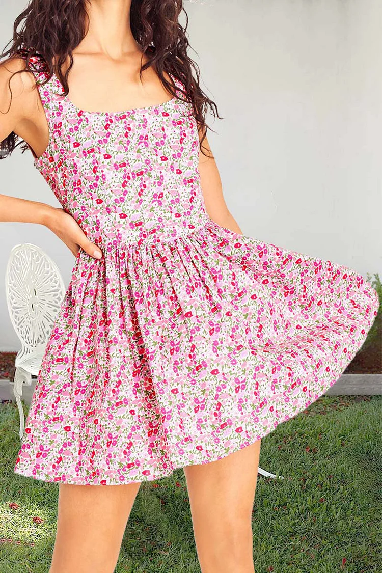 Square Neck Straps Pleated Hem Floral Print Vacation Mini Dresses [Pre Order]
