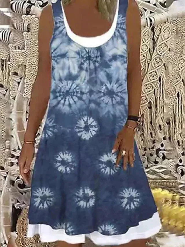 Uveng Sleeveless Stitching Printing Casual Dress Dresses