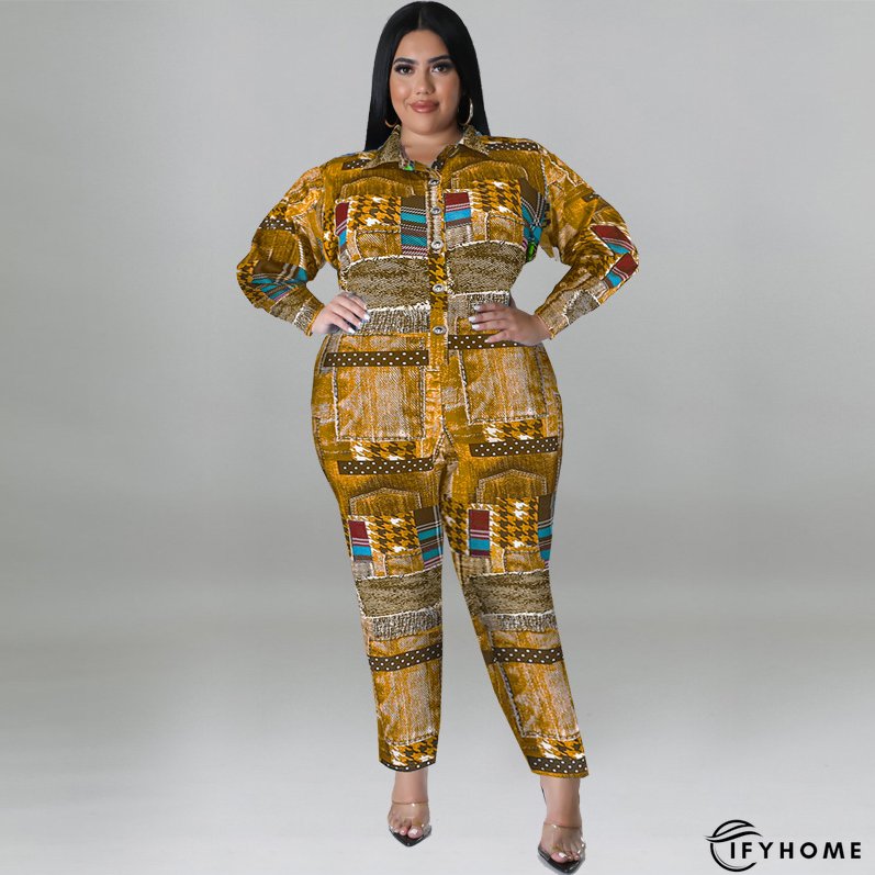 Plus Size Women's Fall Print Long Sleeve Jumpsuit | IFYHOME