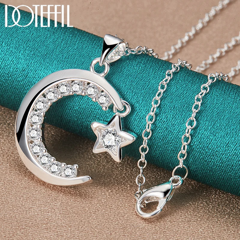 DOTEFFIL 925 Sterling Silver Moon Star AAA Zircon Pendant Necklace 18-30 Inch Chain For Woman Jewelry