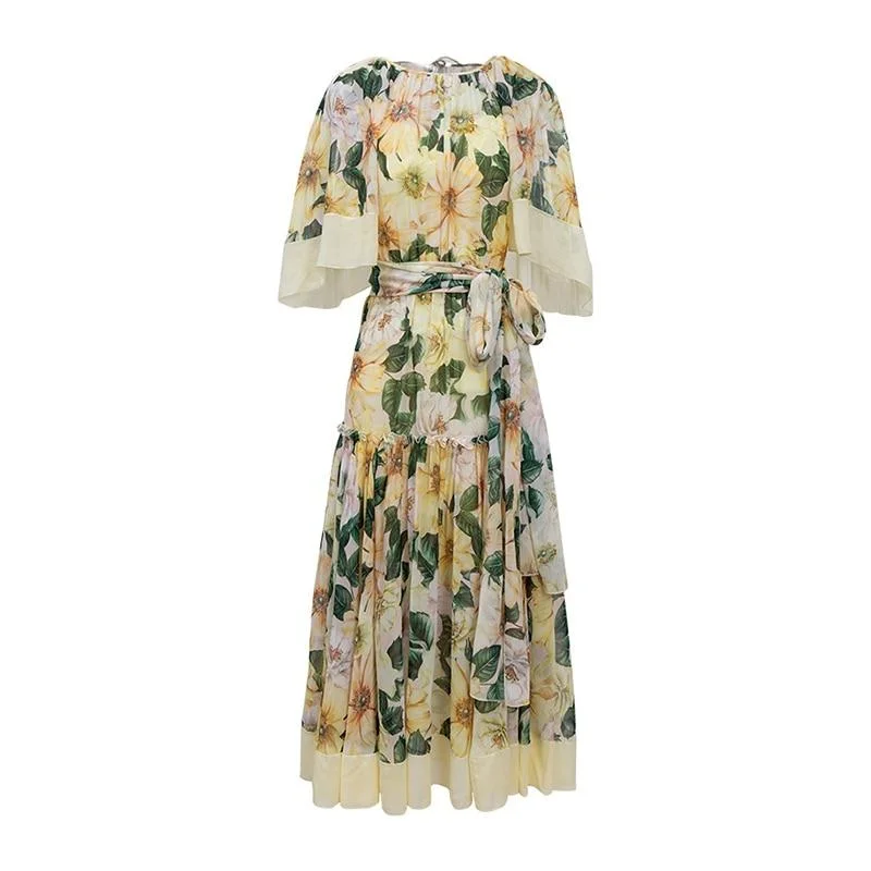 ABEBEY Vintage Print Lace Up Dress For Women O Neck Short Sleeve High Waist Ruched Patchwork Ruffle Dresses Female New