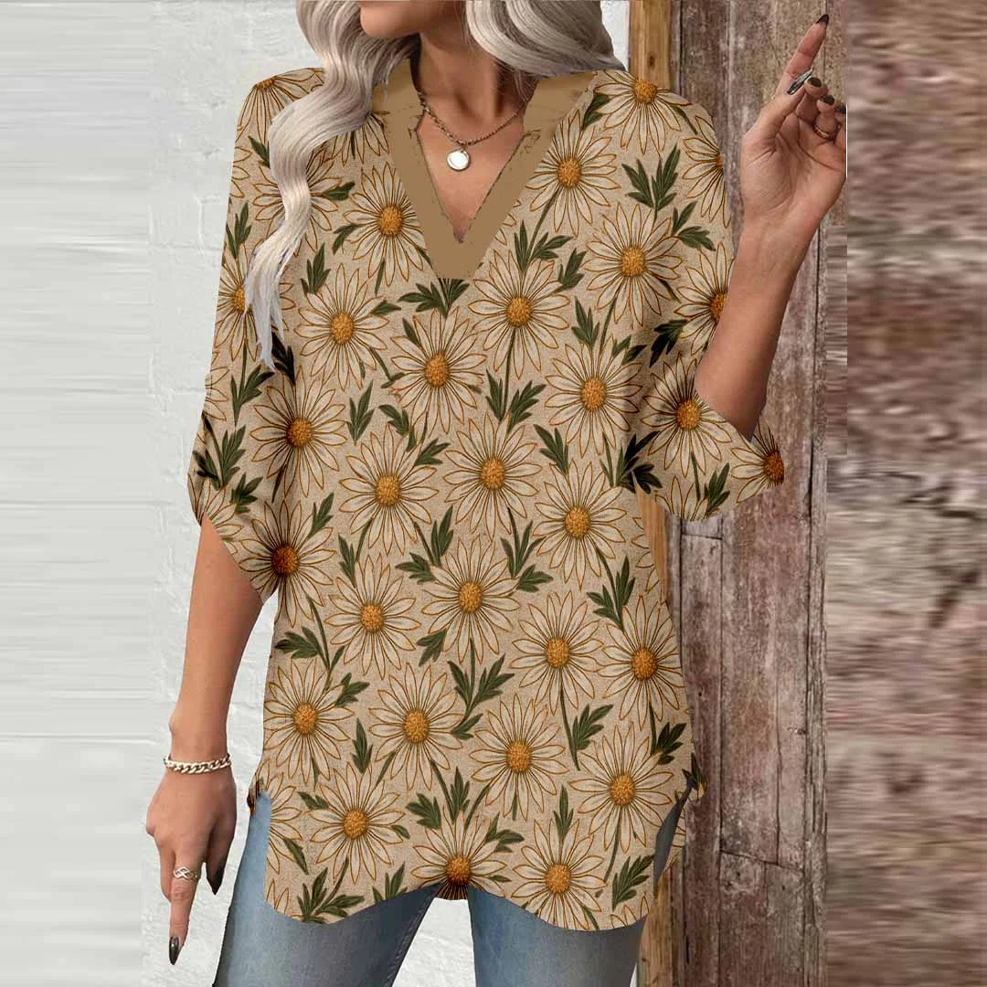 Women Floral,  Brown,  Blue DZGA0412 3/4 Sleeve V-neck Printed Graphic Button Tops