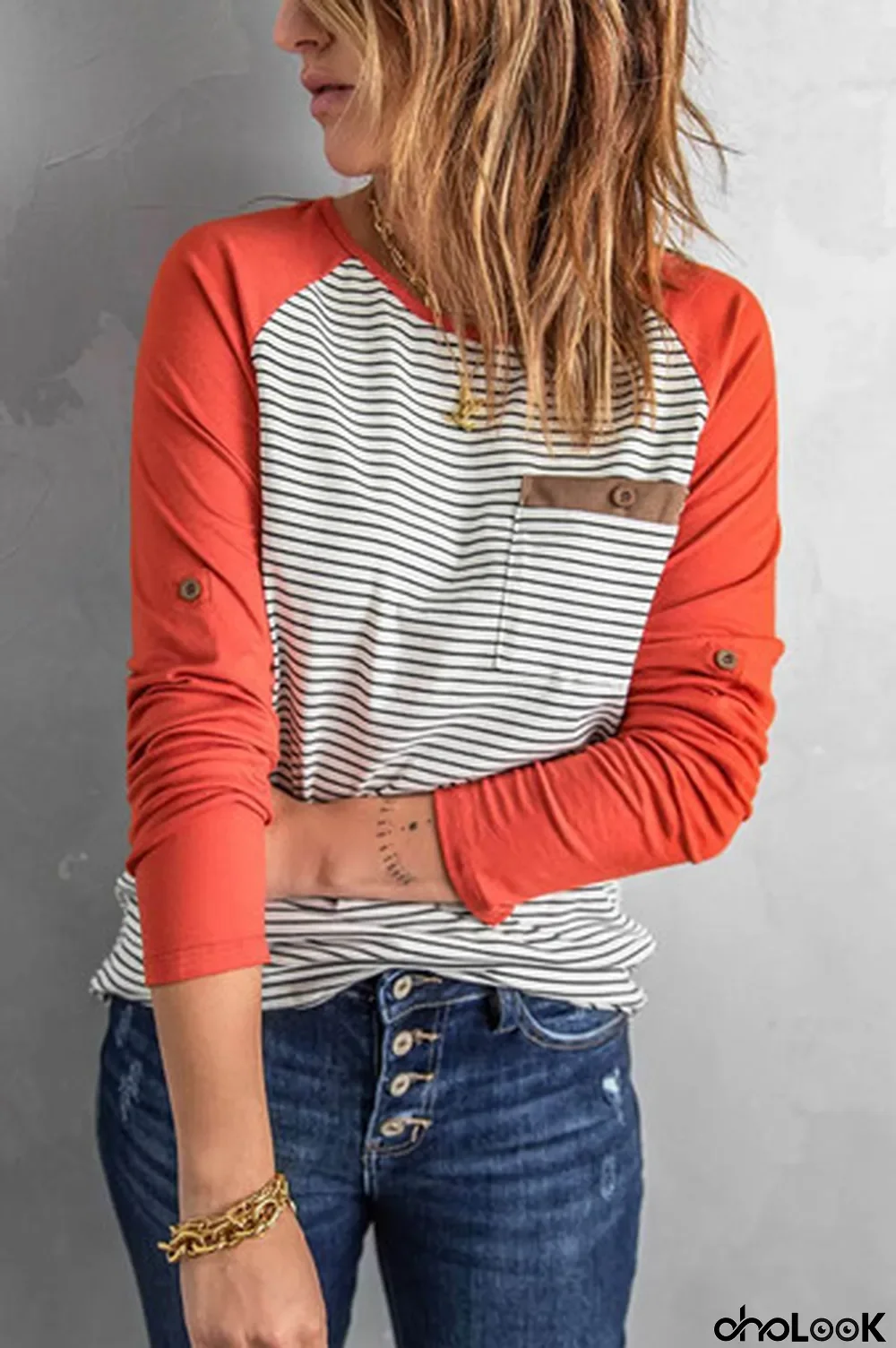 Raglan Sleeve Splicing Striped Top with Pocket