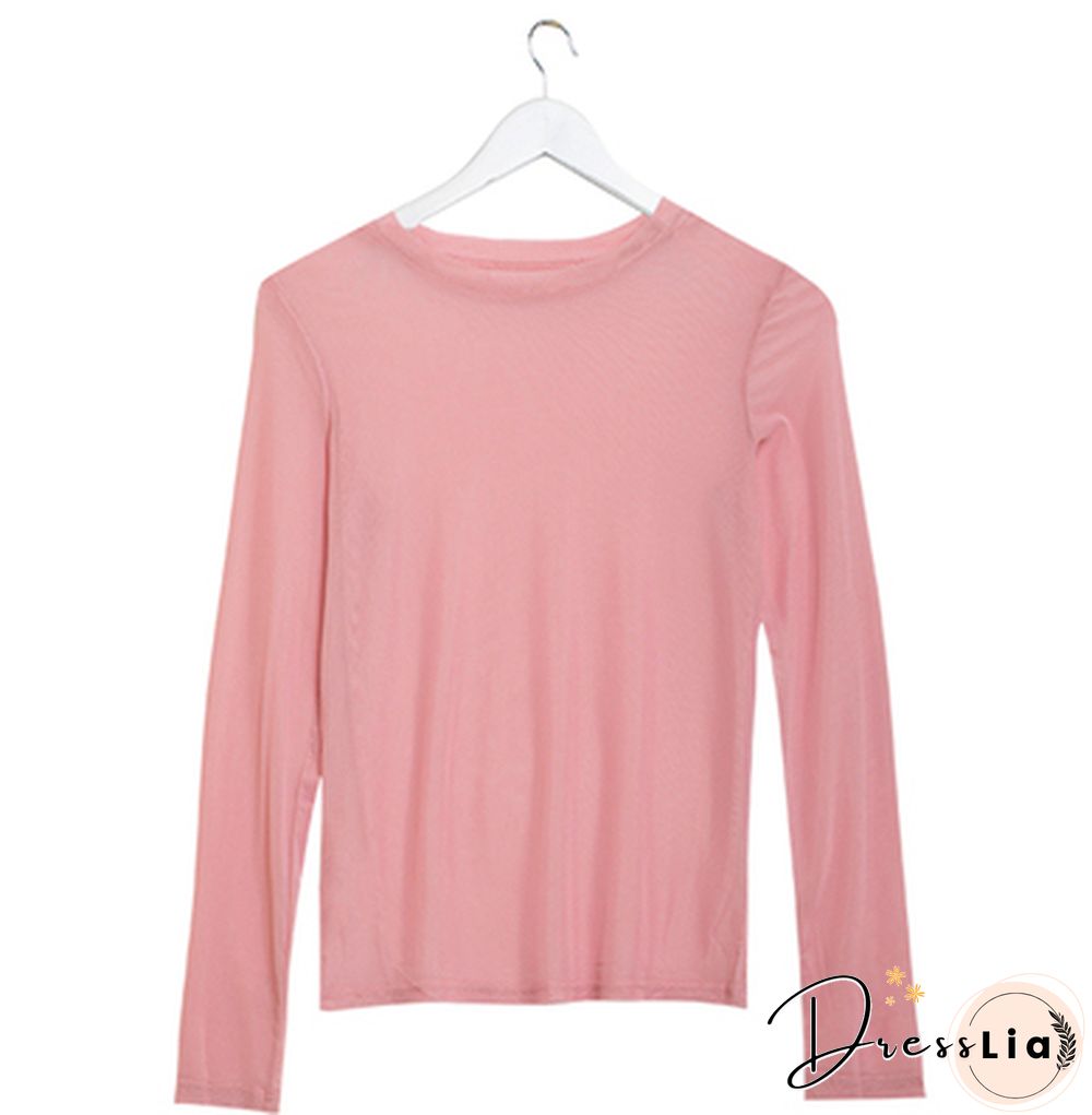 Oumea Women Beach Cover-Up Sheer Mesh Top Beach Wear Hawaiian Mesh Shirt Long Sleeve Casual Candy Color Solid Sweet Mesh Top