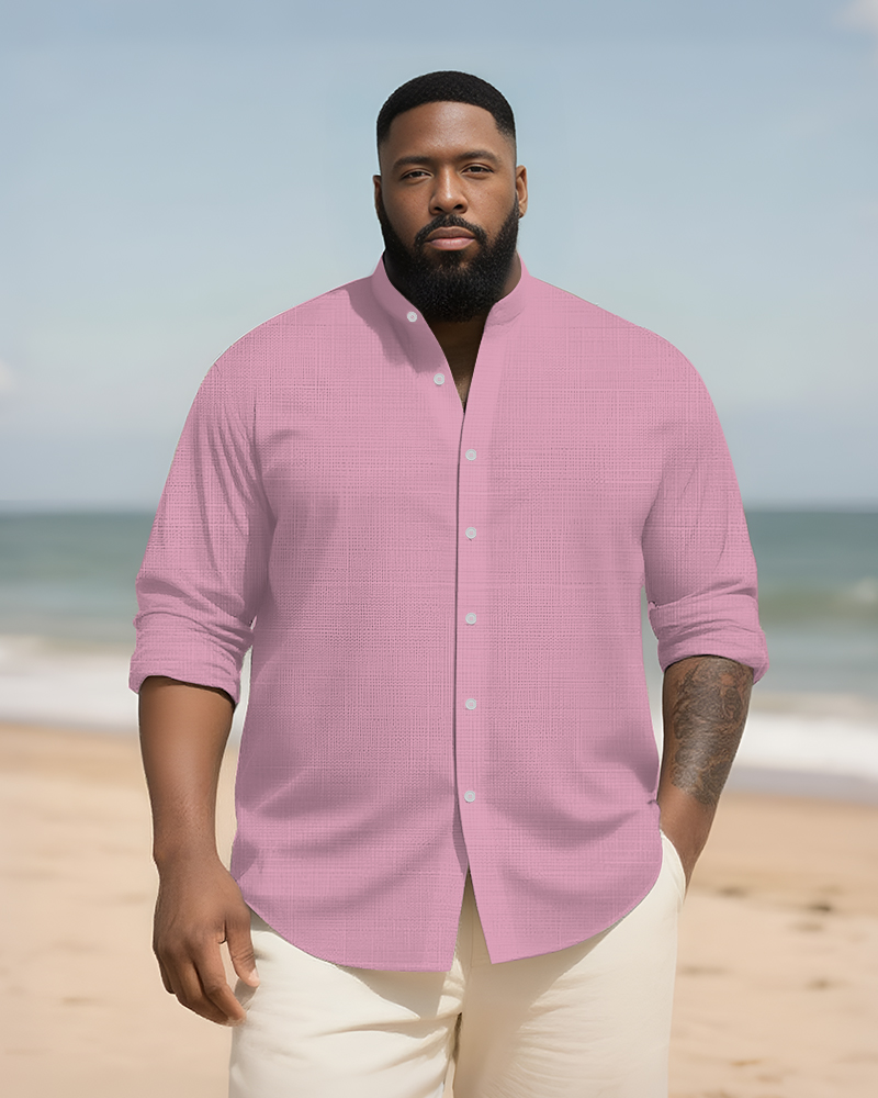 Big & Tall Men's Daily Solid Color Bamboo Hemp Texture Stand Collar Long Sleeve Shirt