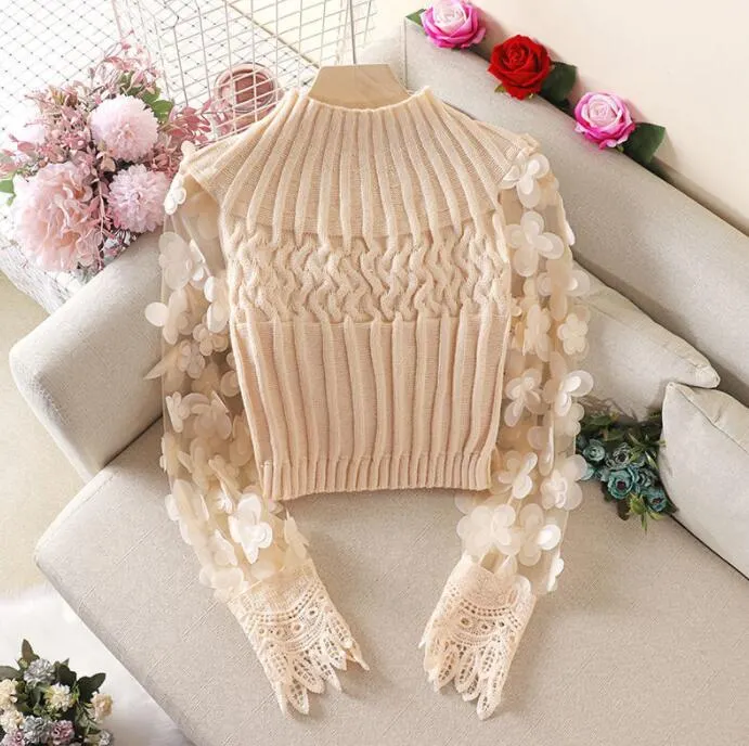 Fairy Flower Puff Sleeve Women Sweater Slim Short Style Patchwork Round Neck Knitting Female Sweaters