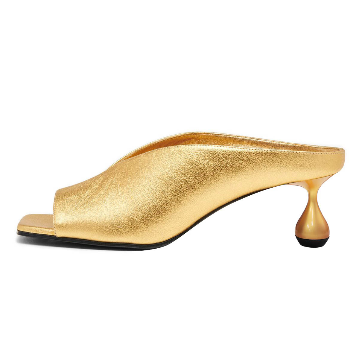 Gold Metallic Open Square Toe Sculptural Heel V-Cut Mules for Women Nicepairs