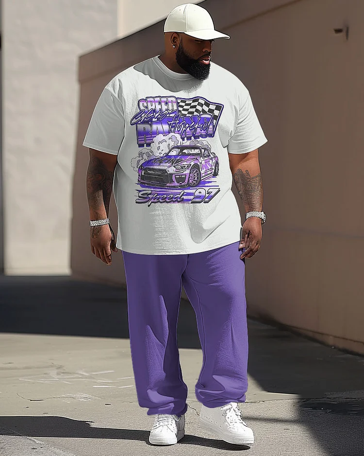 Men's Large Trendy Brand Car Printed T-Shirt Pants Suit
