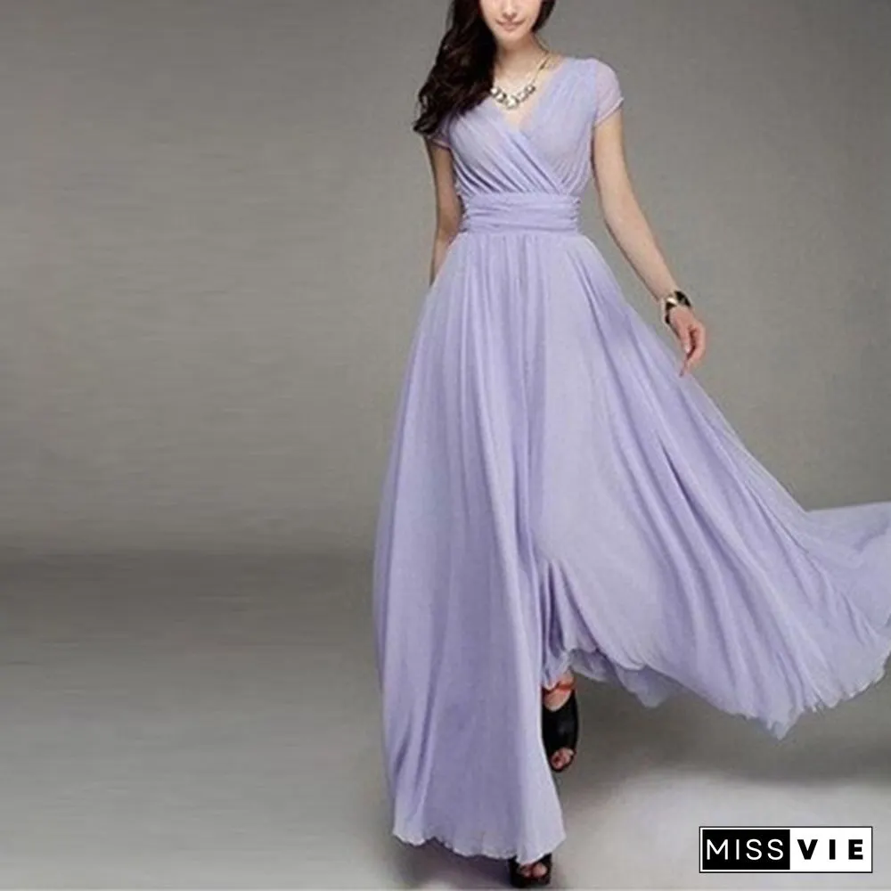 Womens Fashion Spring Summer Autumn Bohemian Maxi Dress Beach Evening V-Neck Sexy Women