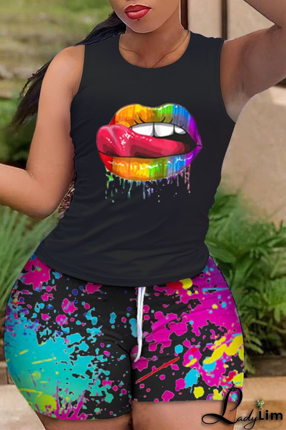 White Fashion Casual Lips Printed Basic O Neck Sleeveless Two Pieces