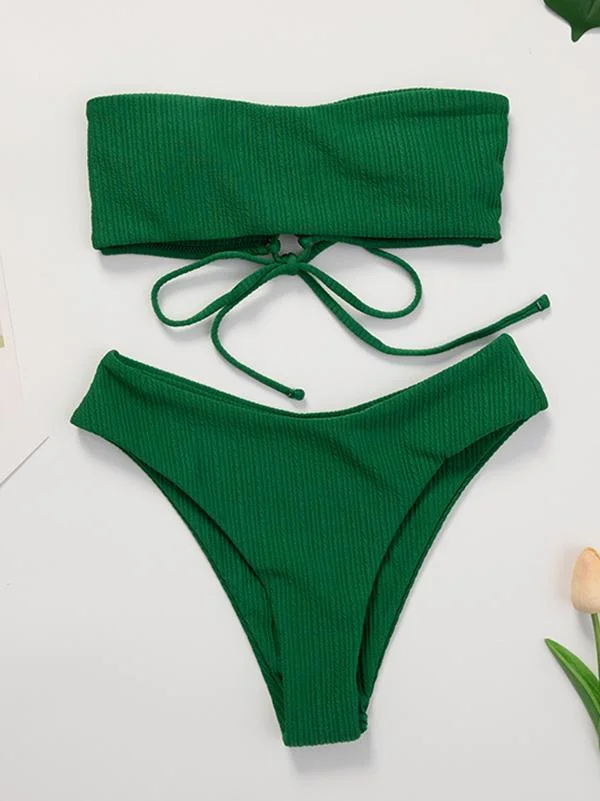 Solid Color Strapless Bandage Split Bikini Swimsuit