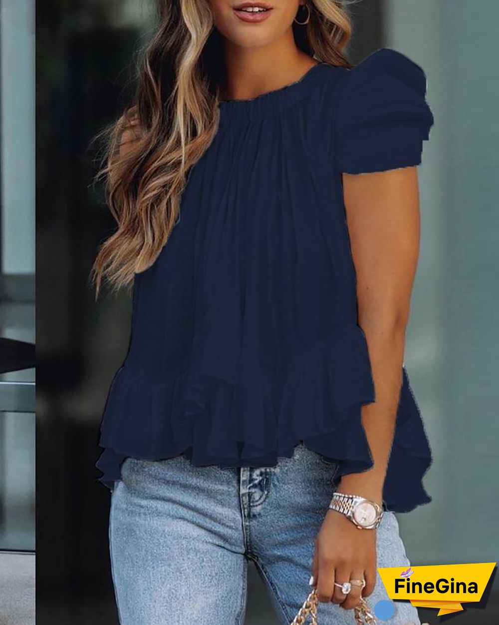 Puff Sleeve Ruffle Hem Ruched Top P14303