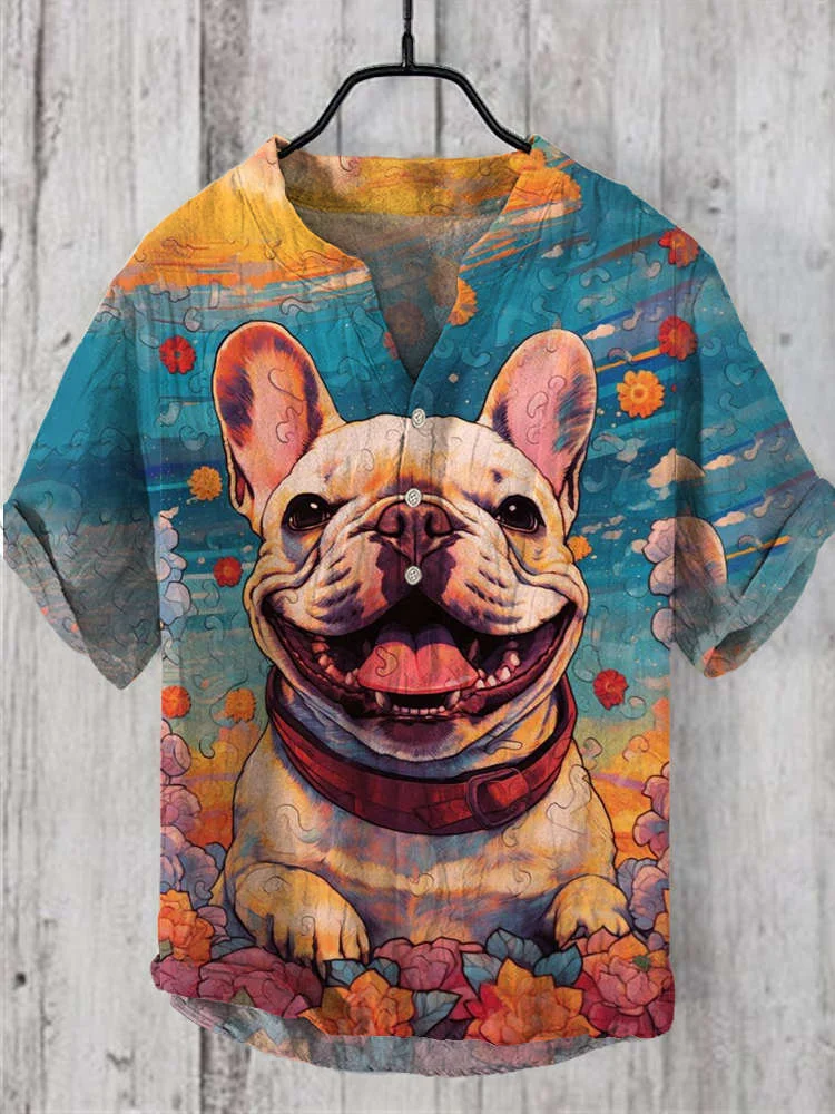 Flying Bulldog Art Print Linen V-Neck Shirt