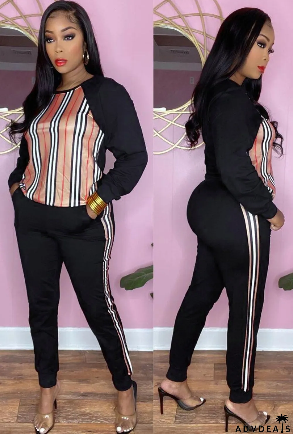 Winter Wholesale Womens Stripes Patch Black Long Sleeve Top And Pants Wholesale Womens 2 Piece Sets