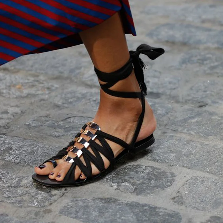 Black Open Toe Flat Shoes Women'S Elegant Strappy Sandal Summer Buckle Flats |FSJ Shoes