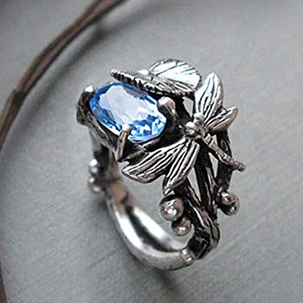 925 Vintage Dragonfly Blue Zircon Ring