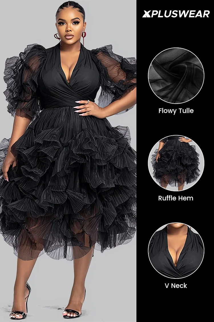 Xpluswear Design Plus Size Cocktail Party Black V Neck Puff Sleeve Short Sleeve Tiered Elegant Ruffle Tulle Midi Dresses [Pre-Order]