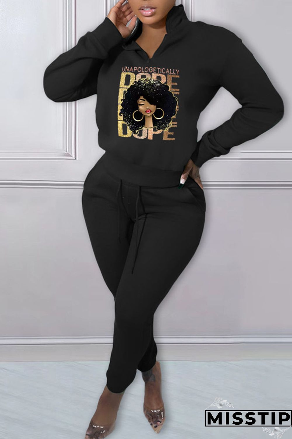 Green Casual Print Patchwork Zipper Collar Long Sleeve Two Pieces