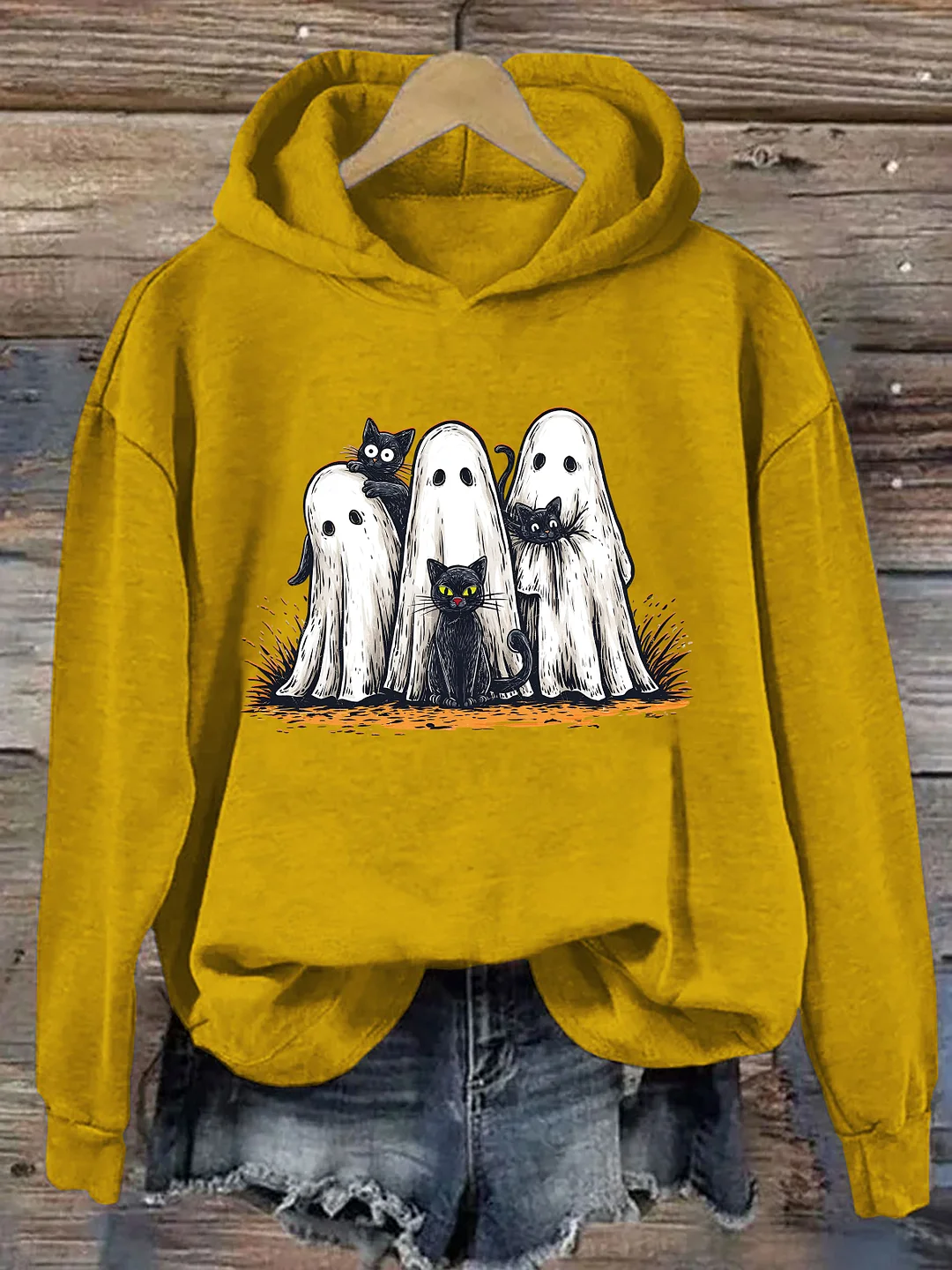  Retro Halloween Ghost And Cat Hoodie