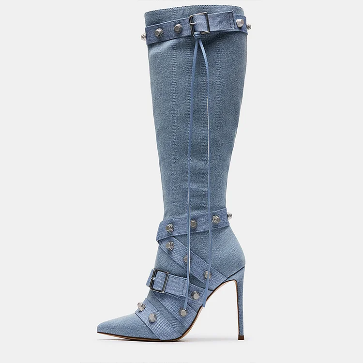 Blue Studded Strappy Buckled Stiletto Heel Knee-High Denim Boots |FSJ Shoes
