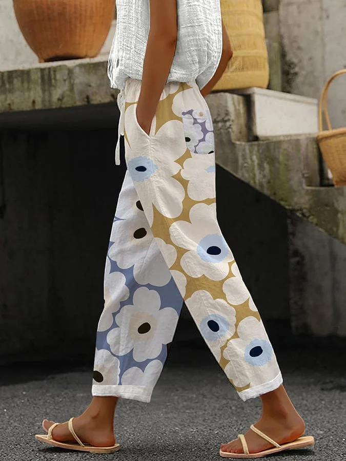 Botanical Floral Print Paneled Casual Baggy Trousers