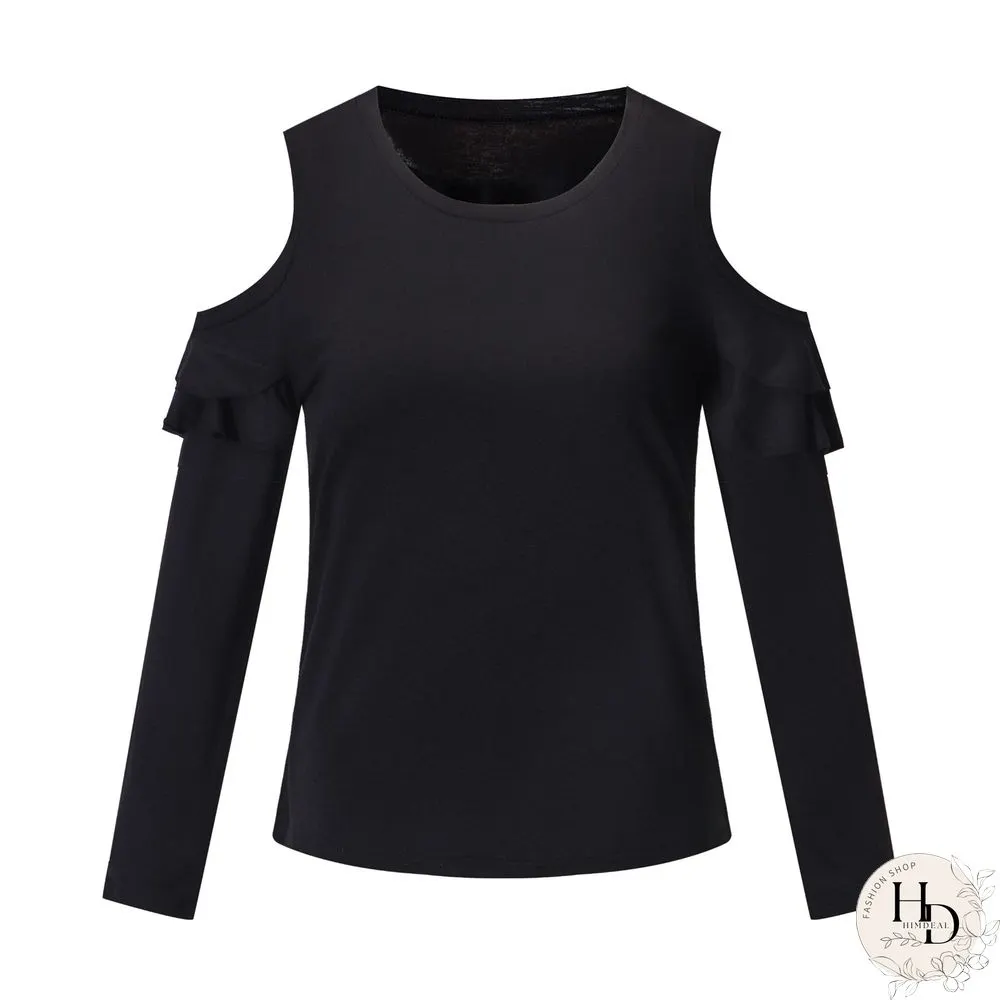 Crew Neck Regular Fit Casual Frill Sleeve Tops