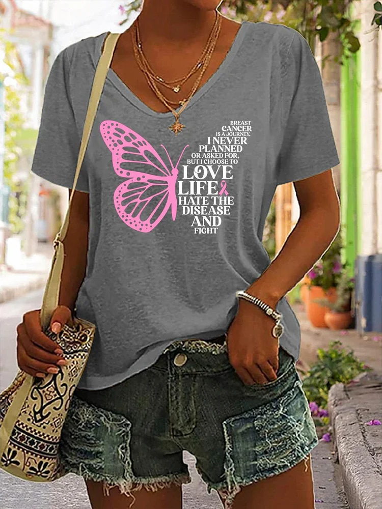 Breast Cancer Awareness Butterfly Graphic Printed Women's Casual T-Shirt
