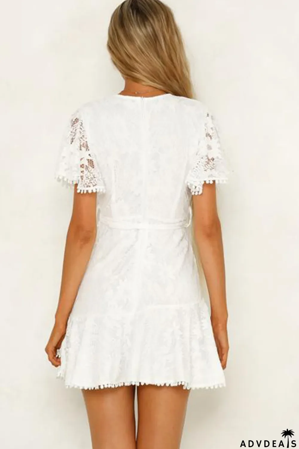 White Flutter Sleeve Wrap V Neck Floral Lace Short Dress
