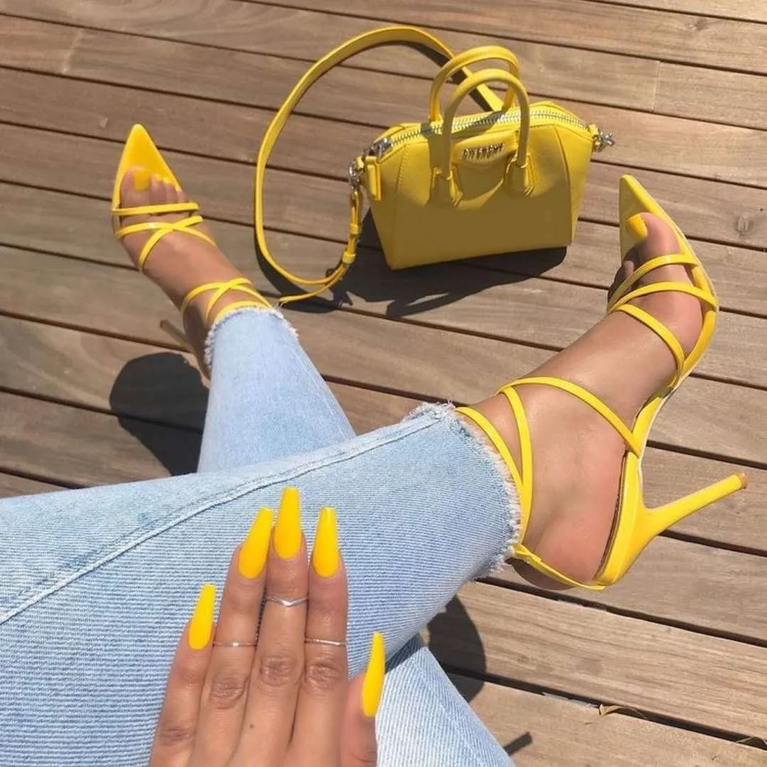 Sexy Yellow Sandals Ladies Sandals Summer New Pointed Fish Mouth Cross Stilettos Sharp Point Toe 11.5cm Heels ZL-222-5