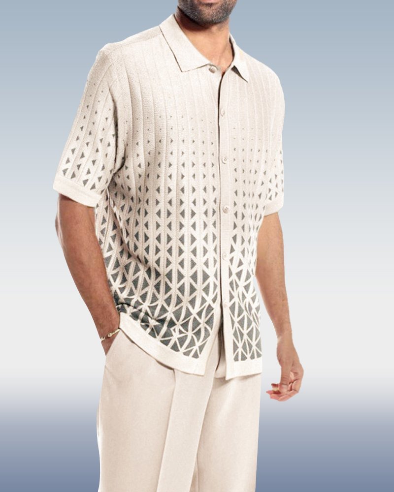 suitmens-White Criss-Cross Pattern Walking Suit Short Sleeve Set