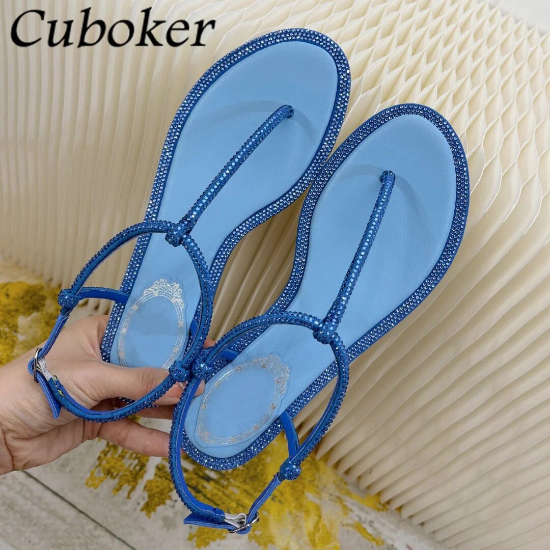VCshoes Runway Flat Flip Flops Women Crystal Sandals Buckle Ankle Strap Ladies Causal Flats Vacation Shoes Women Sandals