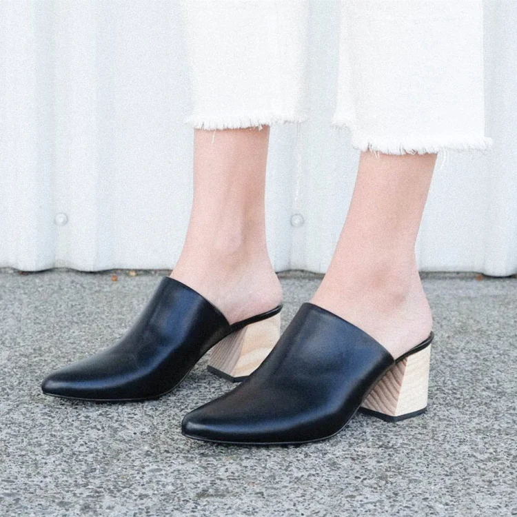 Women's Black Block Heel Almond Toe Mules Shoes |FSJ Shoes