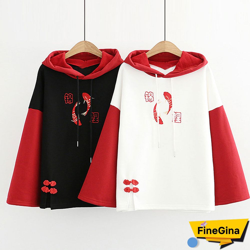Vintage Koi Fish Letter Embroidery Hoodie
