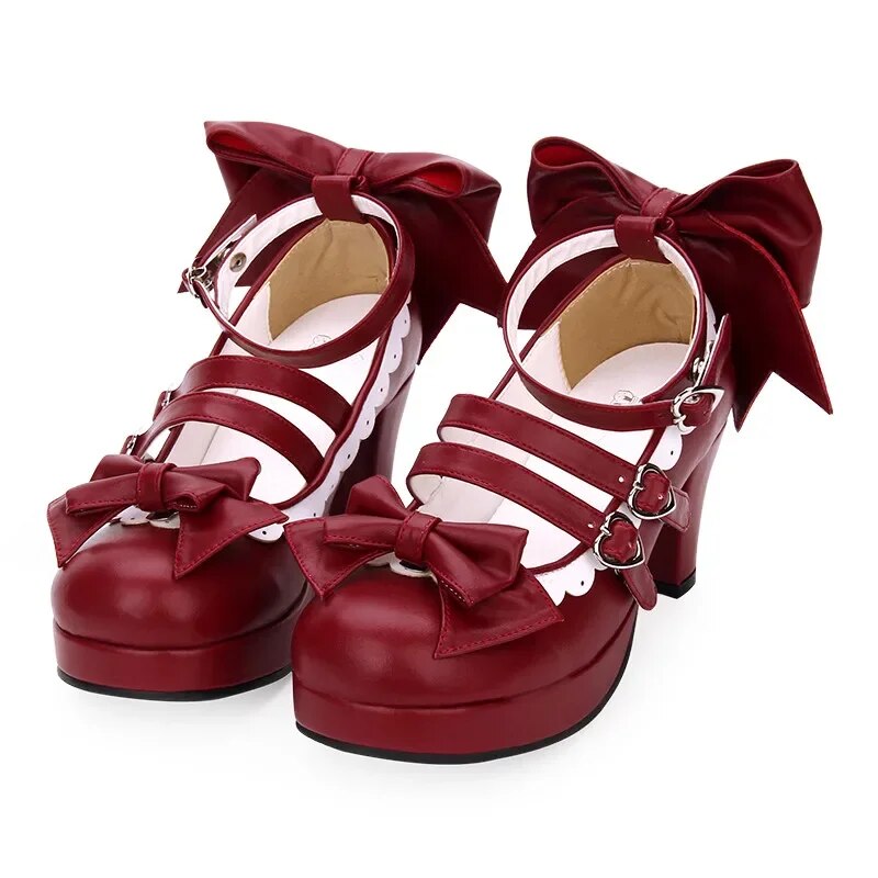 VCshoesWoman Mori Girl Lolita Cosplay Shoes Lady High Heels Pumps Women Princess Dress Red Wedding Shoes Bowtie