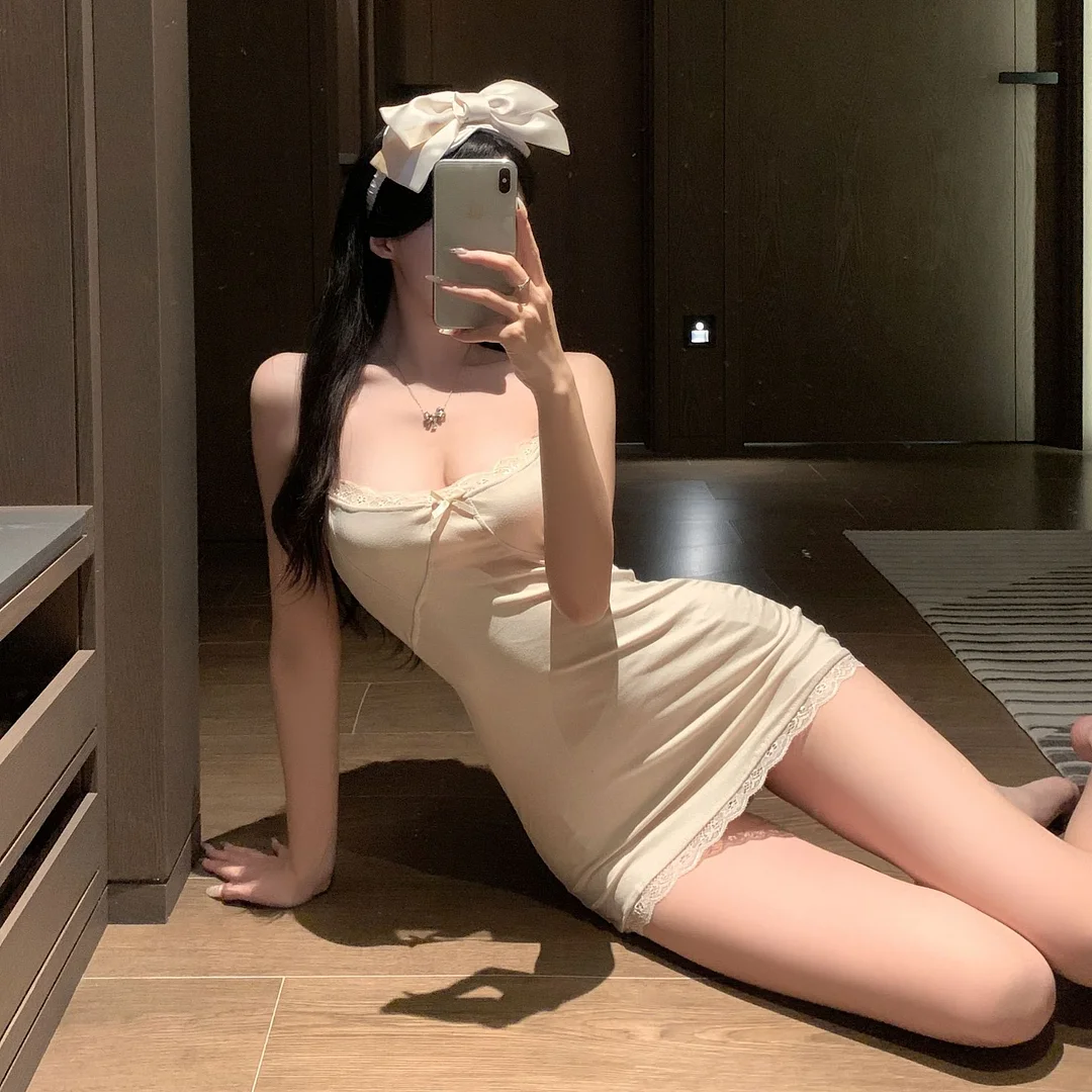 Uveng Night Vows Tiffet Lingerie Pure Lust Wind With Chest Pads Hanging Aja Lace Splicing Bag Butt Skirt Dress Short Skirt